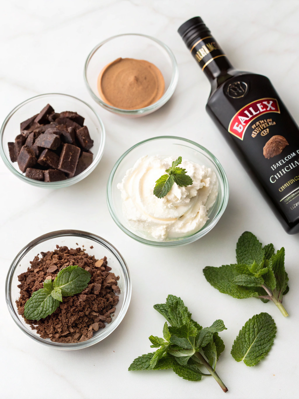 Ingredients for Baileys Chocolate Mint Pudding Parfaits