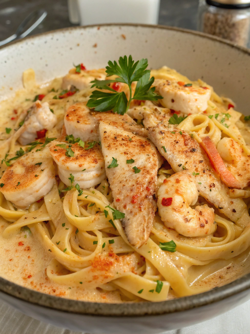 Creamy Grilled Chicken and Shrimp Pasta with Paprika