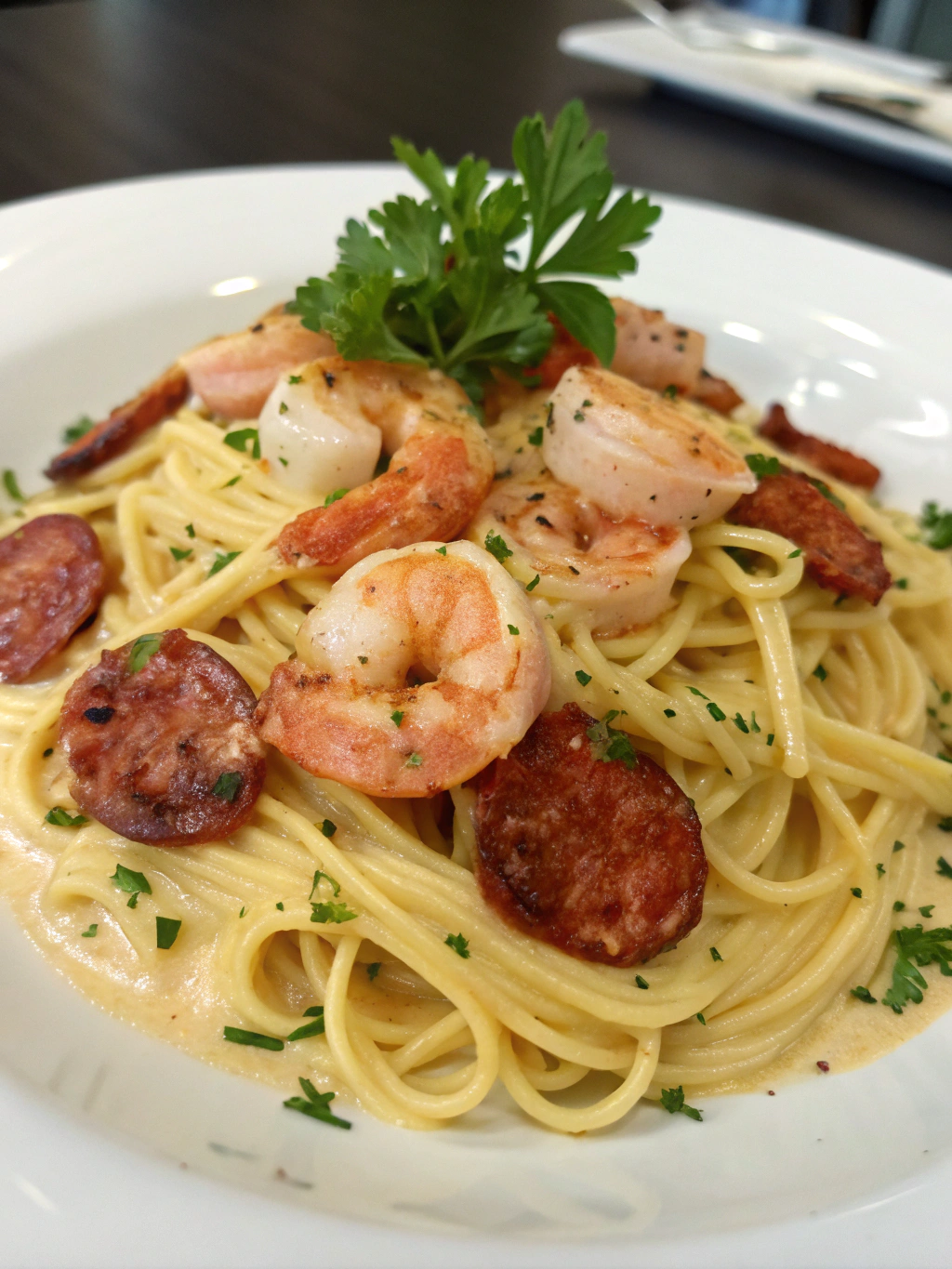 Creamy Spaghetti with Shrimp and Grilled Chorizo ​​