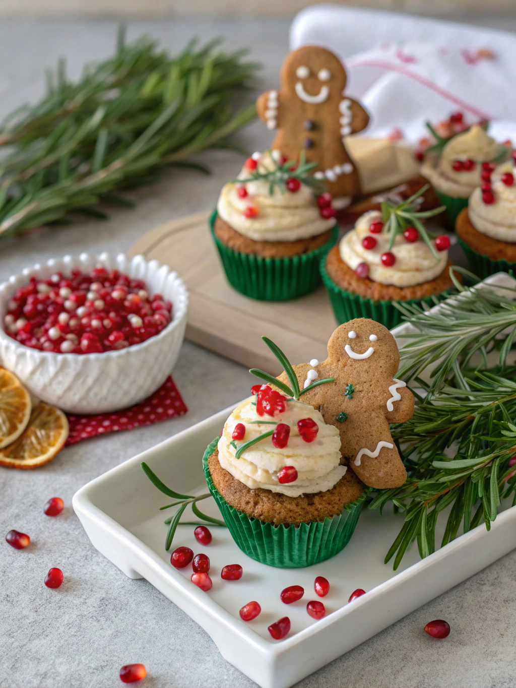 Gingerbread Man Christmas Cupcakes with Pomegranate & Rosemary