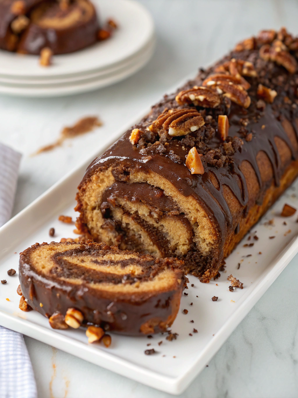 Gooey Chocolate Caramel Turtle Cake Roll