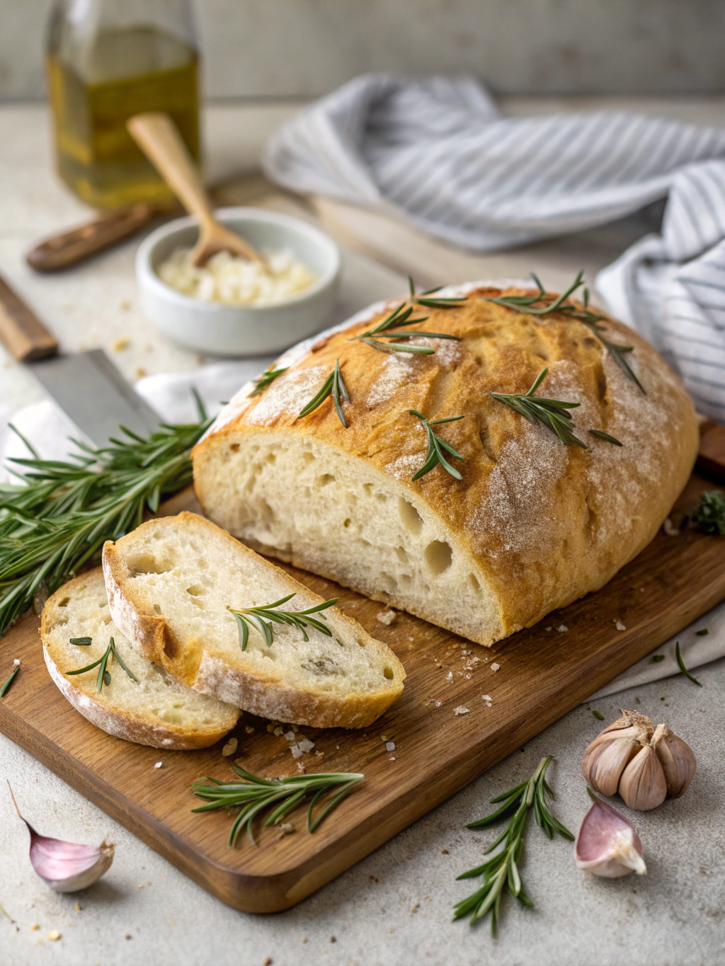 Rustic No-Knead Rosemary Garlic Bread, a crusty and flavorful artisan-style loaf: