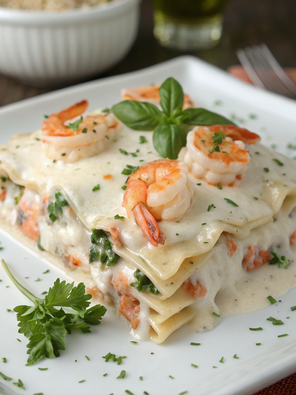Shrimp Lasagna with White Sauce and Cheese