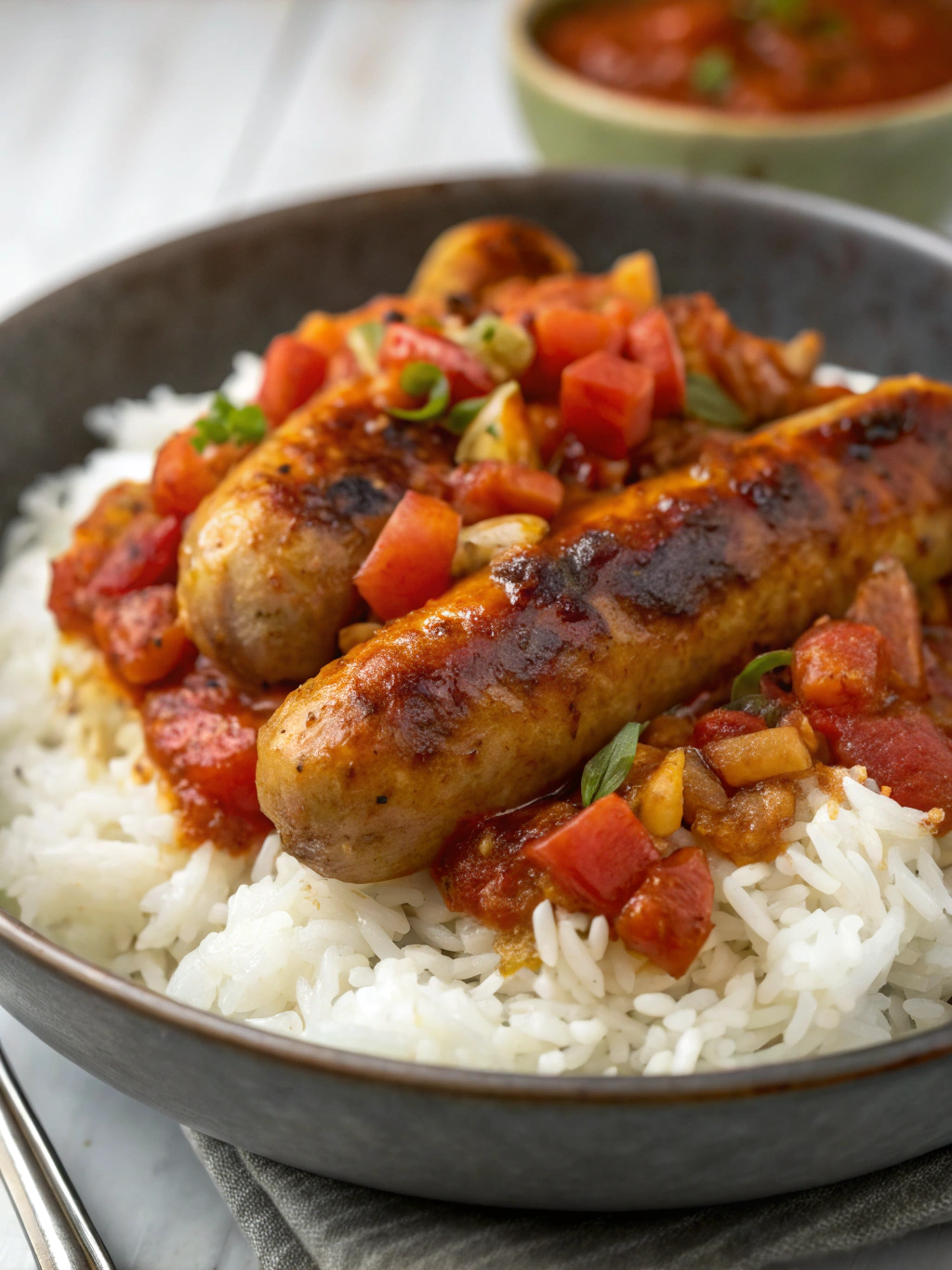 Caramelized Sausages & Quick Rougail on Rice