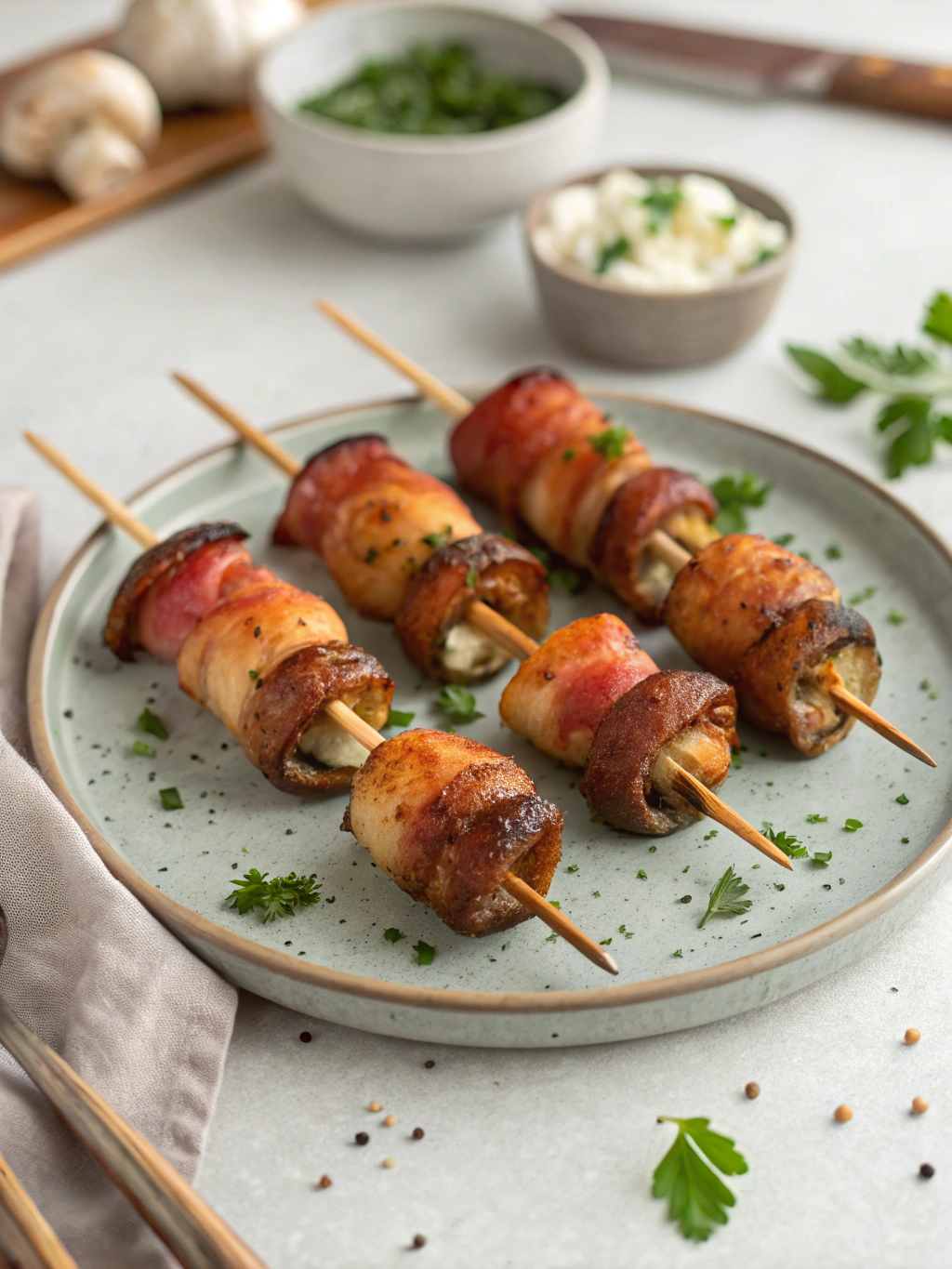Bacon Wrapped Mushroom Skewers