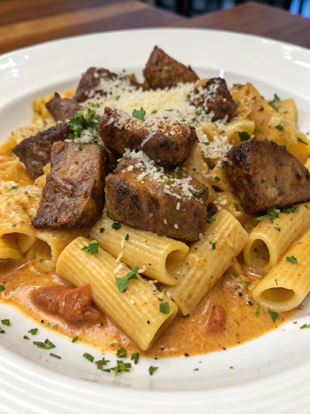 Cajun Steak Bites with Cheesy Rigatoni Parmesan Sauce