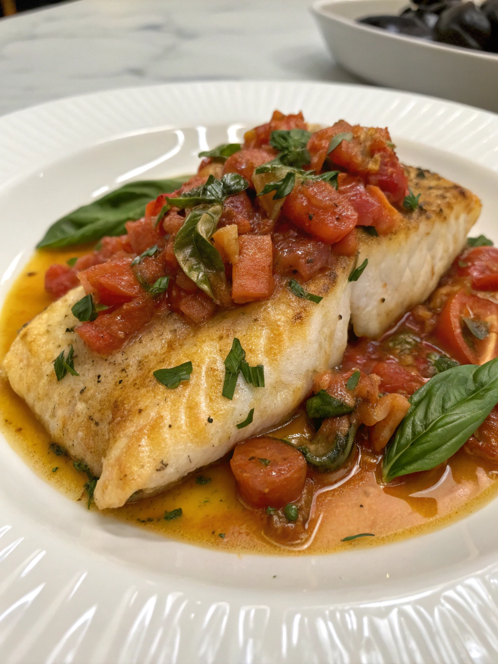 Golden Cod with Rustic Tomato Basil Sauce